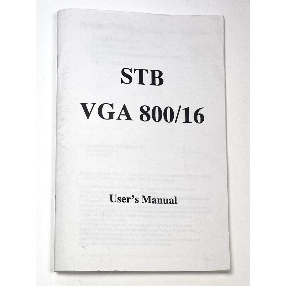 STB VGA 800/16 Instruction Book USER'S MANUAL Video Graphics Card 1991